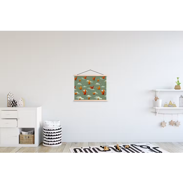 Dinosaurussen - Wolken - Sterren - Oranje textielposter latten blank klein -kinderkamer