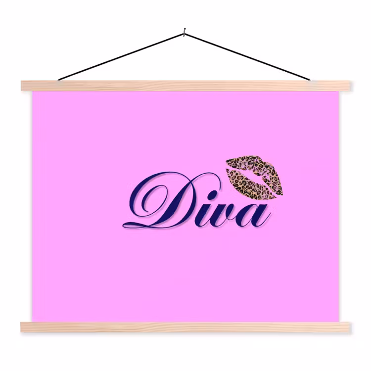 Diva - Lip - Panterprint - Roze textielposter latten blank klein -3d