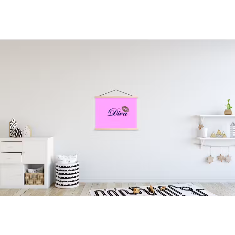 Diva - Lip - Panterprint - Roze textielposter latten blank klein -kinderkamer