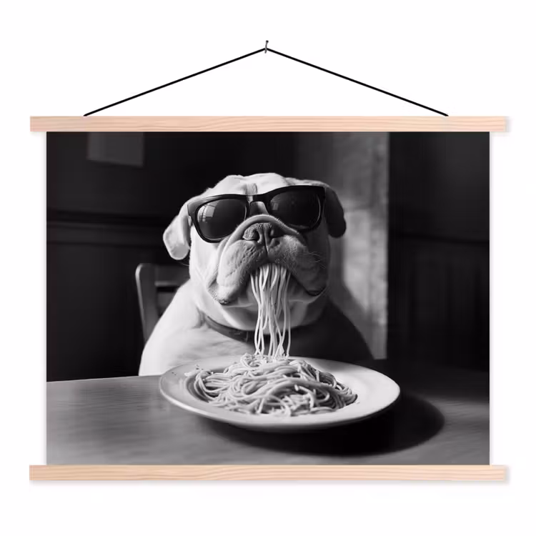 Hond - Bulldog - Pasta - Bril - Stoer - Dieren textielposter latten blank klein -3d