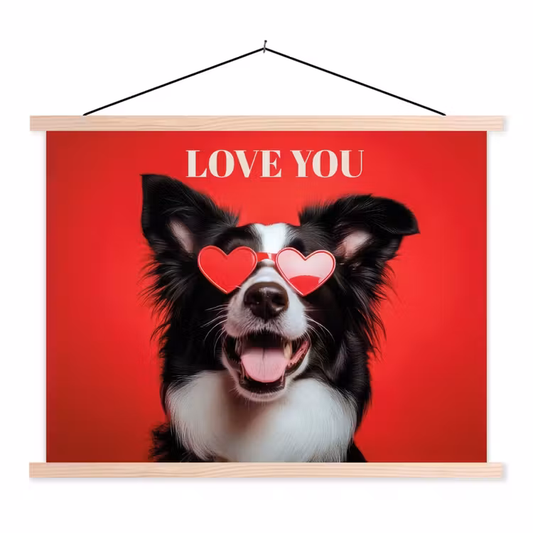 Hond - Hartjesbril - Loveyou - Rood textielposter latten blank klein -3d