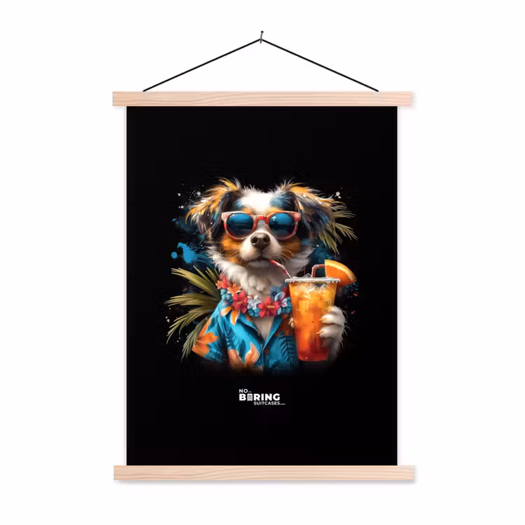 Hond in tropische sferen textielposter latten blank klein -3d