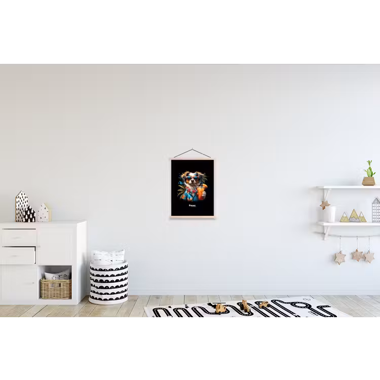 Hond in tropische sferen textielposter latten blank klein -kinderkamer