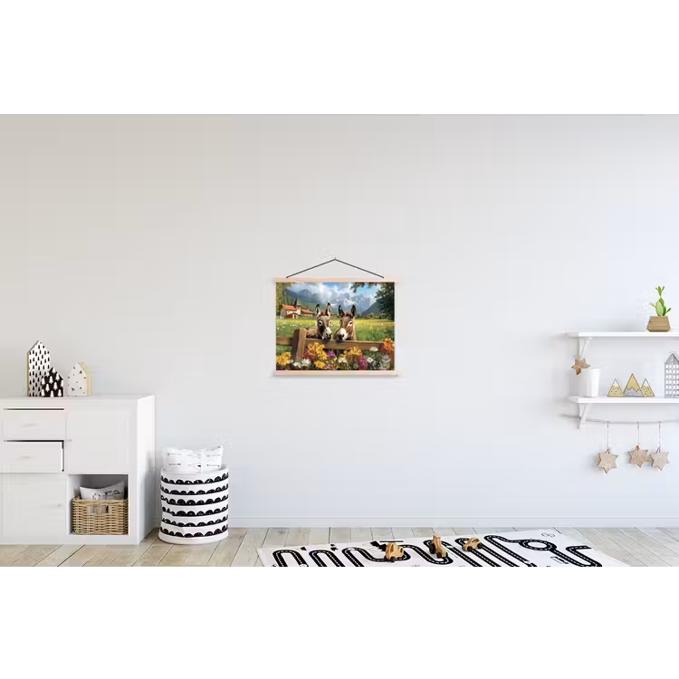 Ezels - Bloemen - Zomers textielposter latten blank klein -kinderkamer