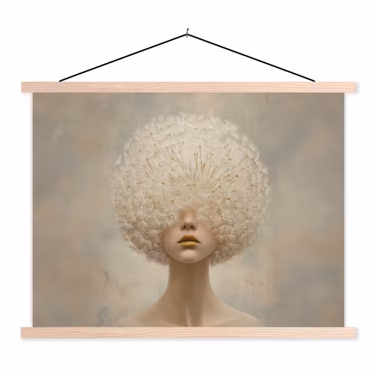 Dromerig - Beige - Paardenbloemzaadjes textielposter latten blank klein -3d