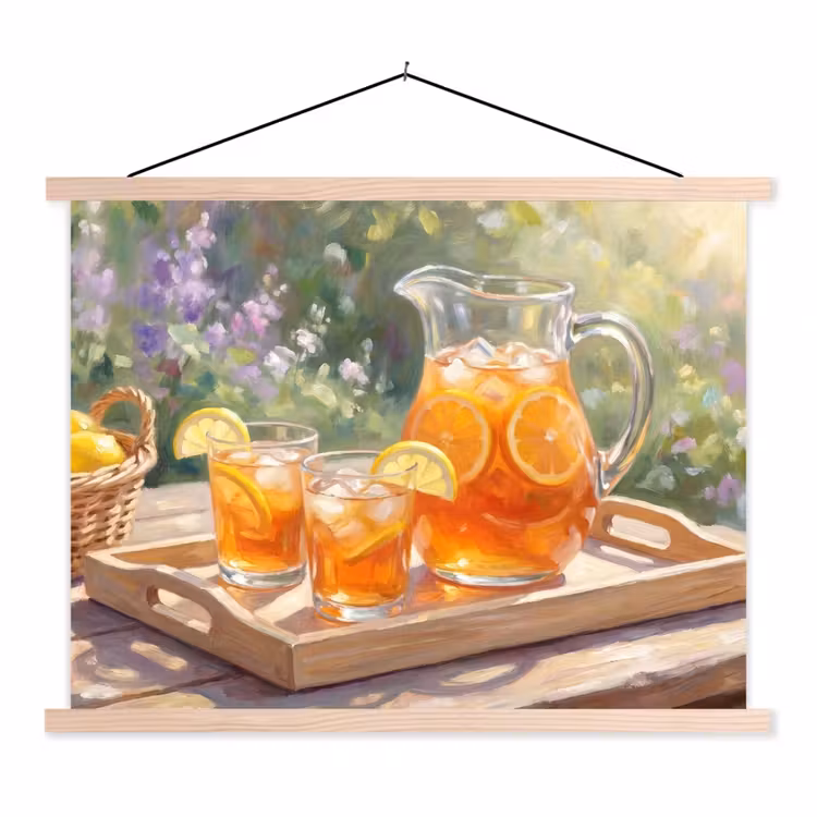 Drank - Citroen - Zomer - Tuin - Geel textielposter latten blank klein -3d