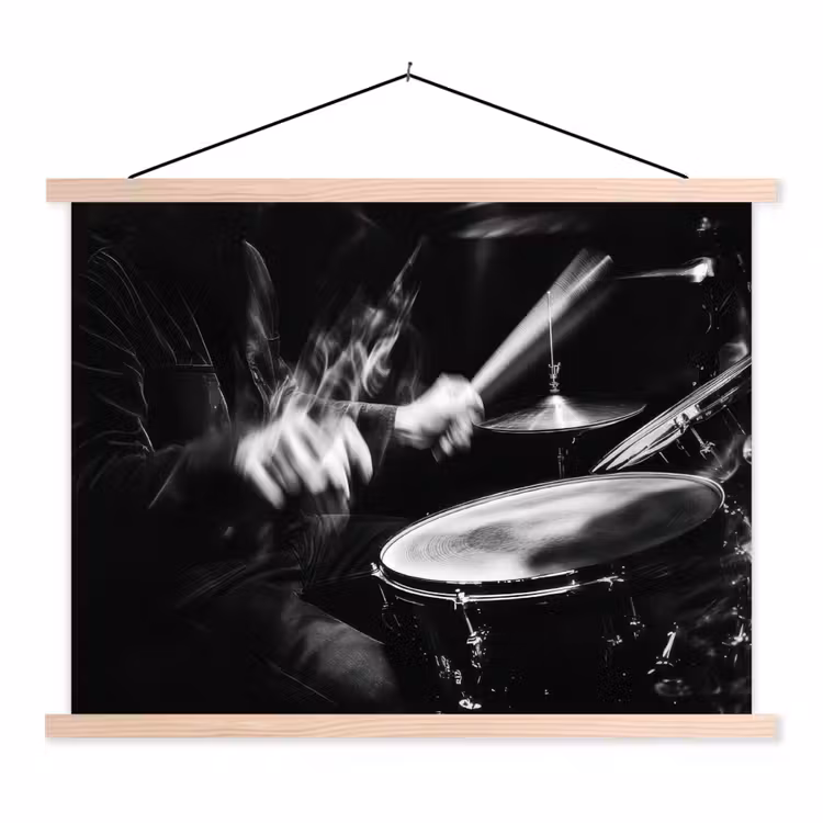 Drummer - Zwart - Drumstel textielposter latten blank klein -3d