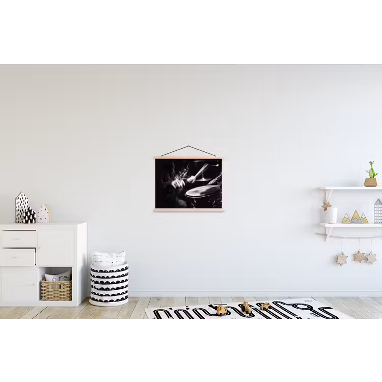 Drummer - Zwart - Drumstel textielposter latten blank klein -kinderkamer