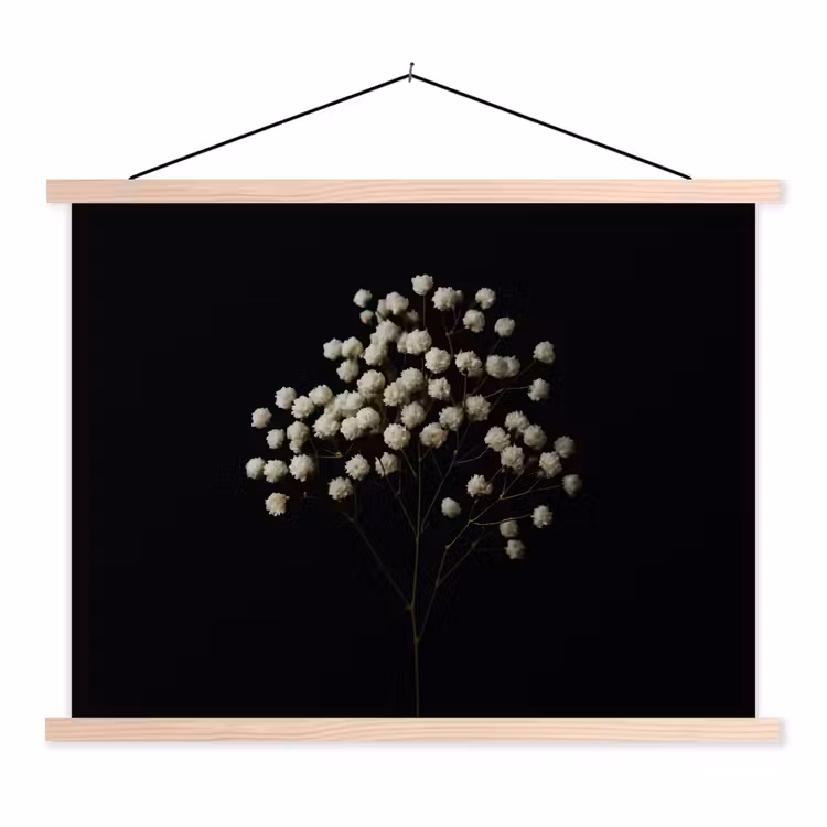 Gipskruid - Bloemetjes - Wit - Minimalistisch textielposter latten blank klein -3d