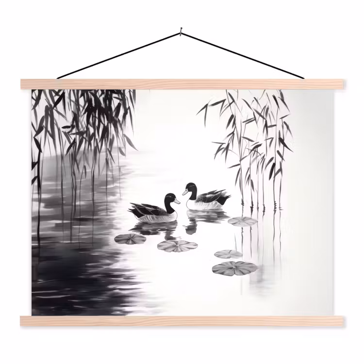 Eenden - Waterlelies - Riet - Zwart textielposter latten blank klein -3d