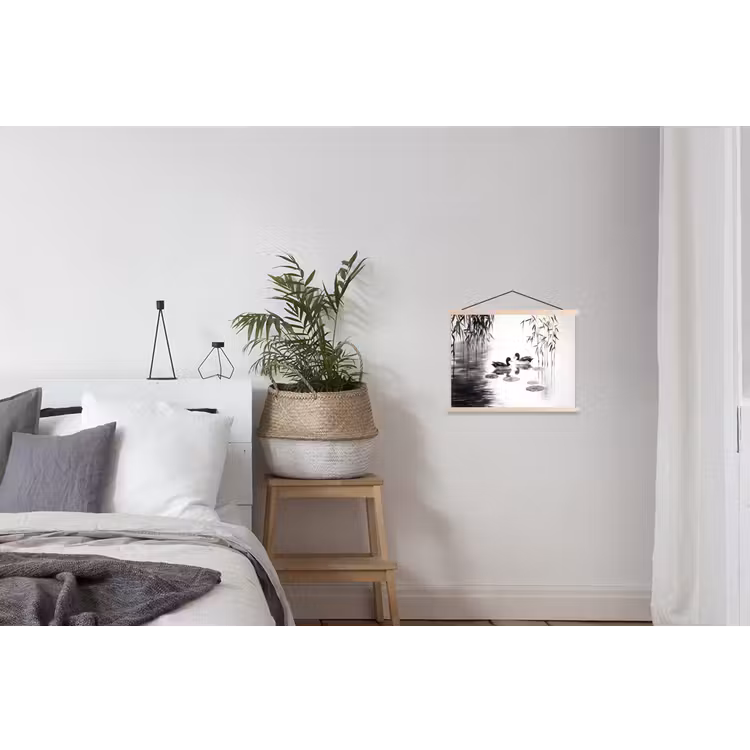 Eenden - Waterlelies - Riet - Zwart textielposter latten blank klein -woonkamer