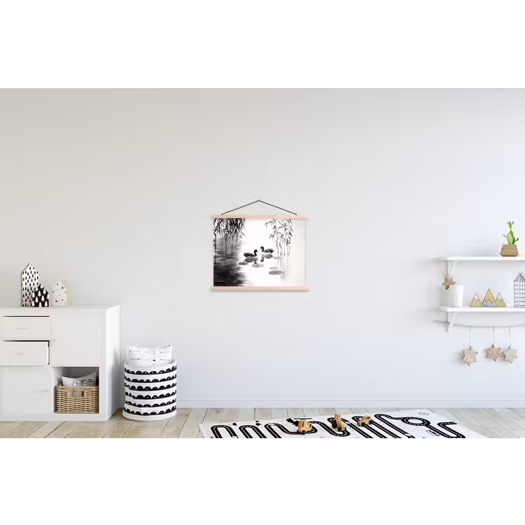 Eenden - Waterlelies - Riet - Zwart textielposter latten blank klein -kinderkamer