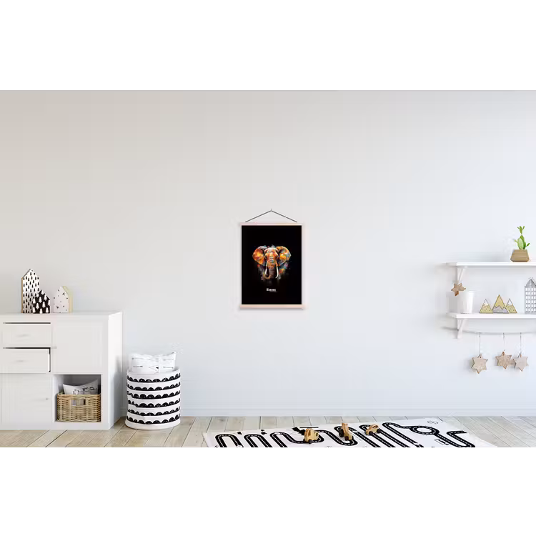 Olifant versierd met kleurrijke spetters textielposter latten blank klein -kinderkamer