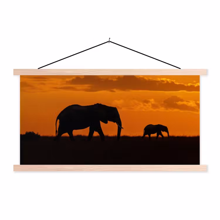 Olifanten - Savanne - Zonsondergang textielposter latten blank klein -3d