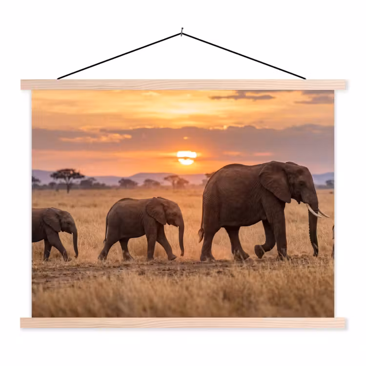 Olifanten - Savanne - Zonsondergang - Afrika - Warm textielposter latten blank klein -3d