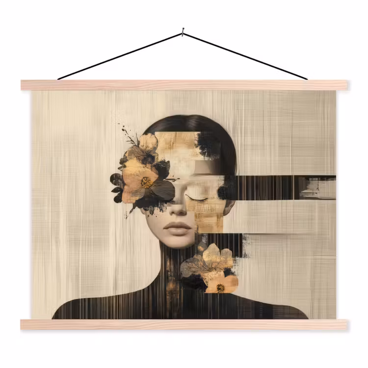 Gezicht - Bloemen - Zwart - Vrouw textielposter latten blank klein -3d