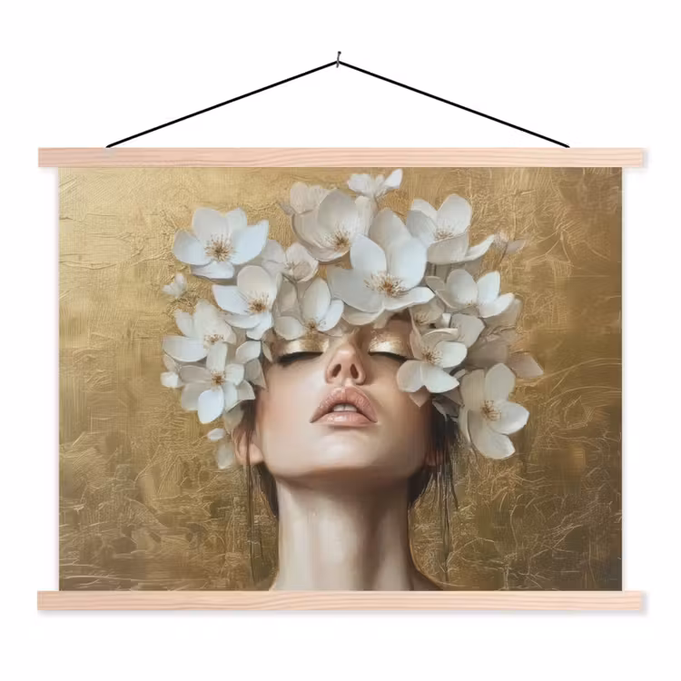 Gezicht - Bloemen - Goud - Abstract textielposter latten blank klein -3d