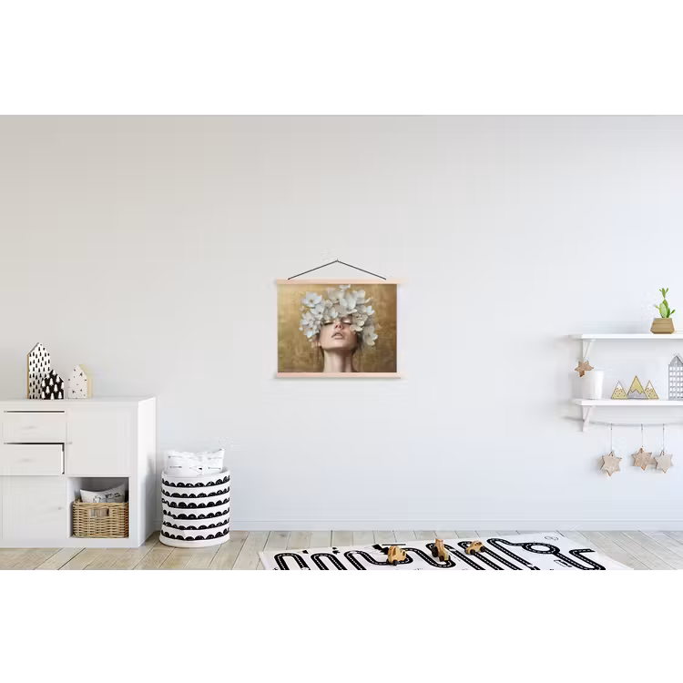 Gezicht - Bloemen - Goud - Abstract textielposter latten blank klein -kinderkamer
