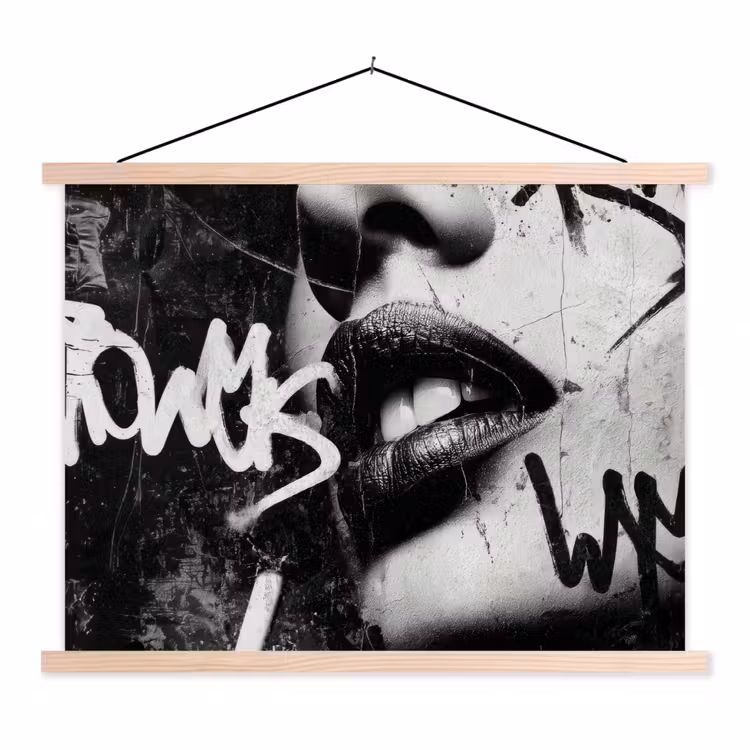 Gezicht - Mond - Graffiti - Zwart textielposter latten blank klein -3d