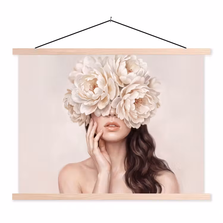 Gezicht - Pioenrozen - Crème textielposter latten blank klein -3d