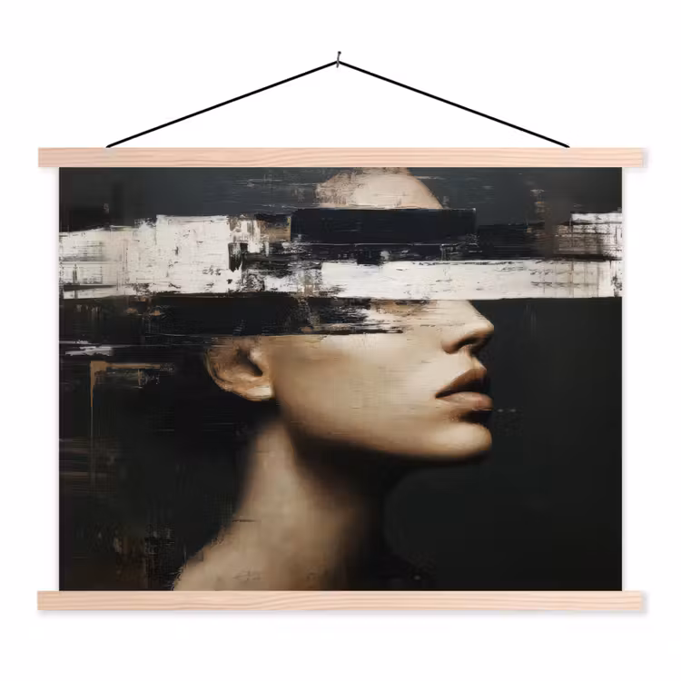 Gezicht - Vrouw - Zwart - Abstract textielposter latten blank klein -3d
