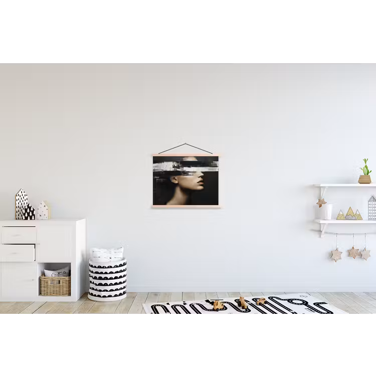 Gezicht - Vrouw - Zwart - Abstract textielposter latten blank klein -kinderkamer