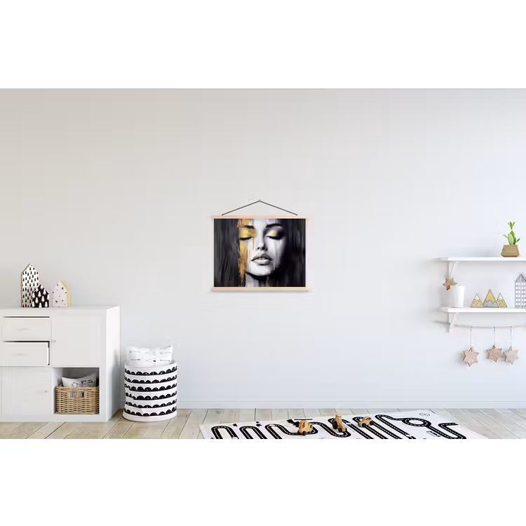 Gezicht - Vrouw - Penseelstreken - Abstract textielposter latten blank klein -kinderkamer