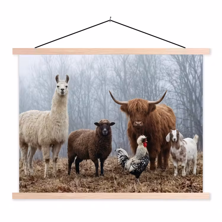Boerderijdieren - Groep - Mist - Natuur - Rustiek textielposter latten blank klein -3d