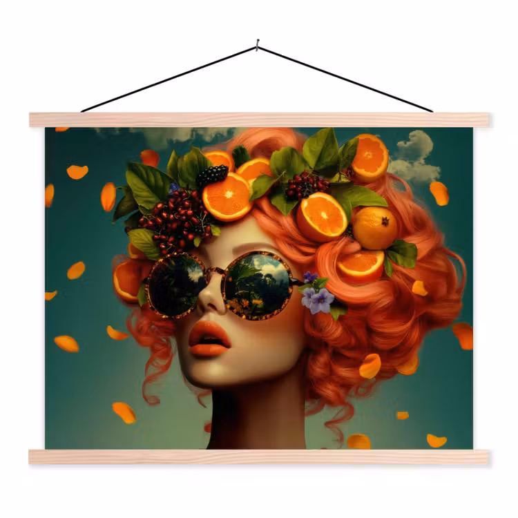 Vrouw - Sinaasappel - Bessen - Oranje textielposter latten blank klein -3d