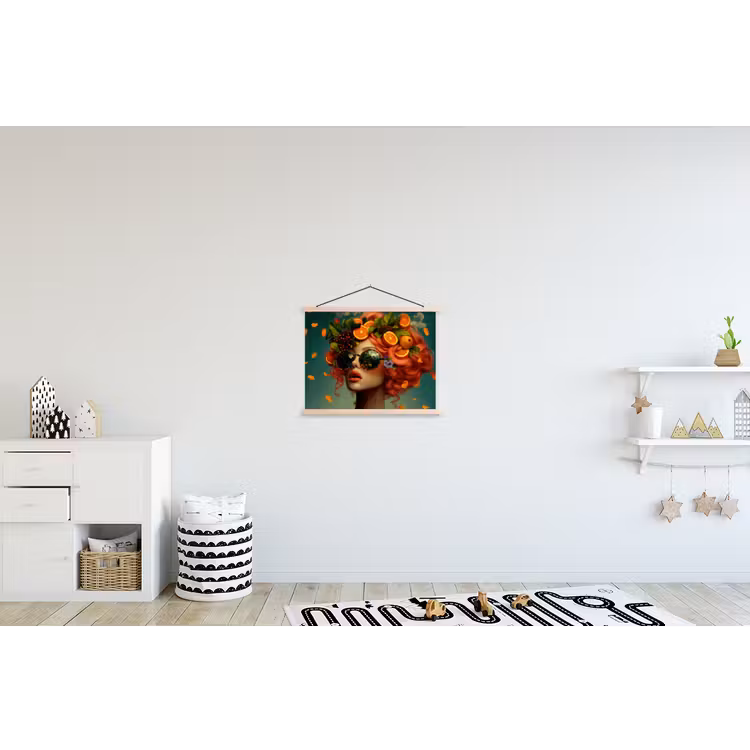Vrouw - Sinaasappel - Bessen - Oranje textielposter latten blank klein -kinderkamer