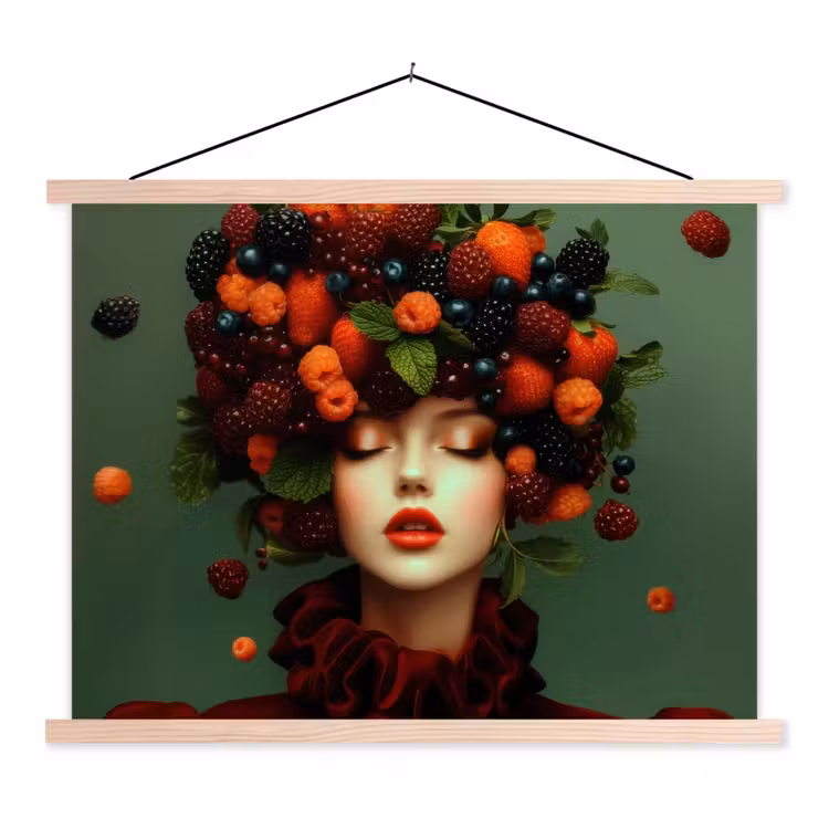 Vrouw - Aardbeien - Frambozen - Bramen - Bessen textielposter latten blank klein -3d