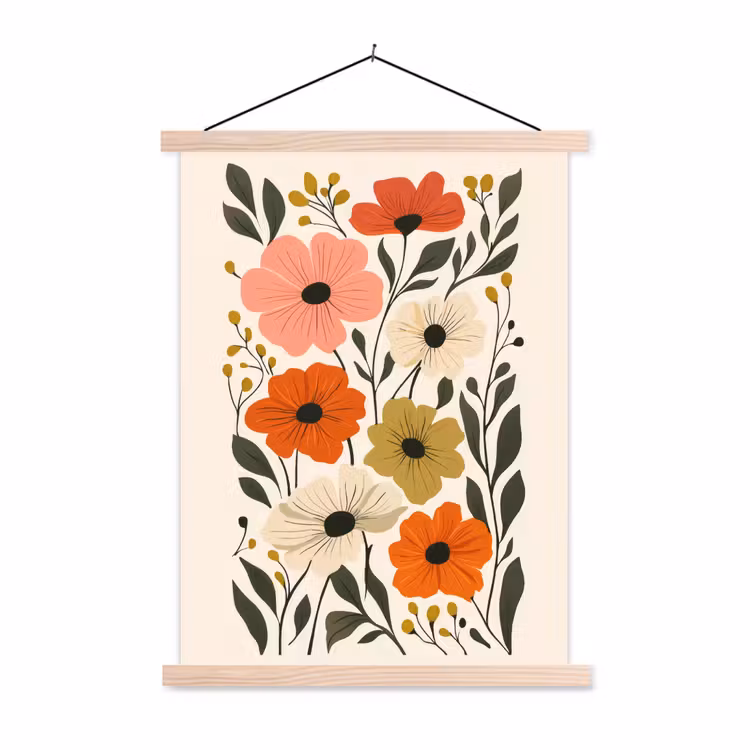 Veldbloemen - Stengels - Blaadjes - Groen textielposter latten blank klein -3d