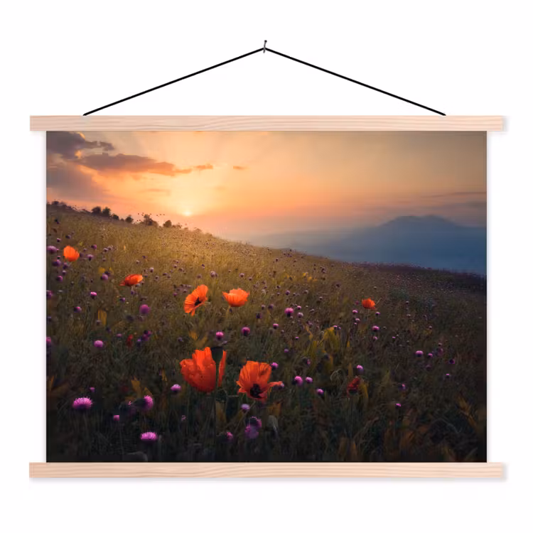 Bloemenveld - Gras - Bloemen - Planten - Zonsondergang - Oranje textielposter latten blank klein -3d