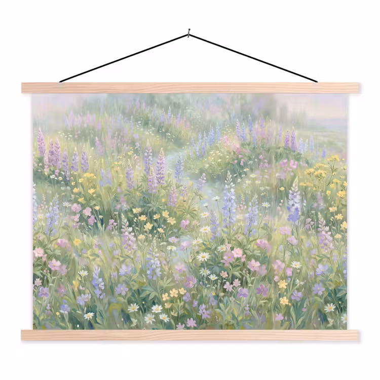 Bloemenveld - Heuvels - Kleurrijk textielposter latten blank klein -3d