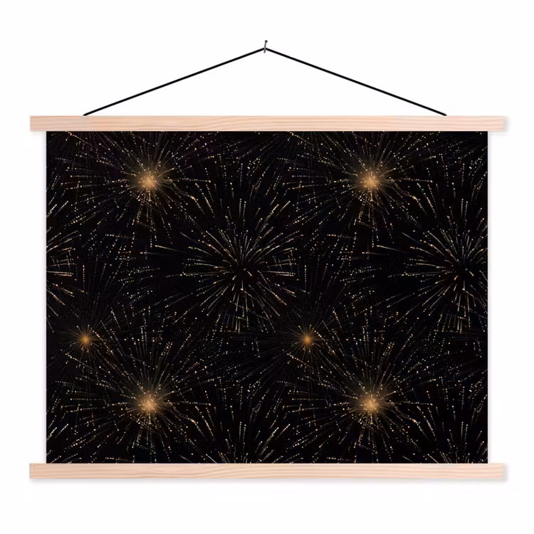 Vuurwerk - Patroon - Feestelijk - Goud - Zwart textielposter latten blank klein 122 -3d