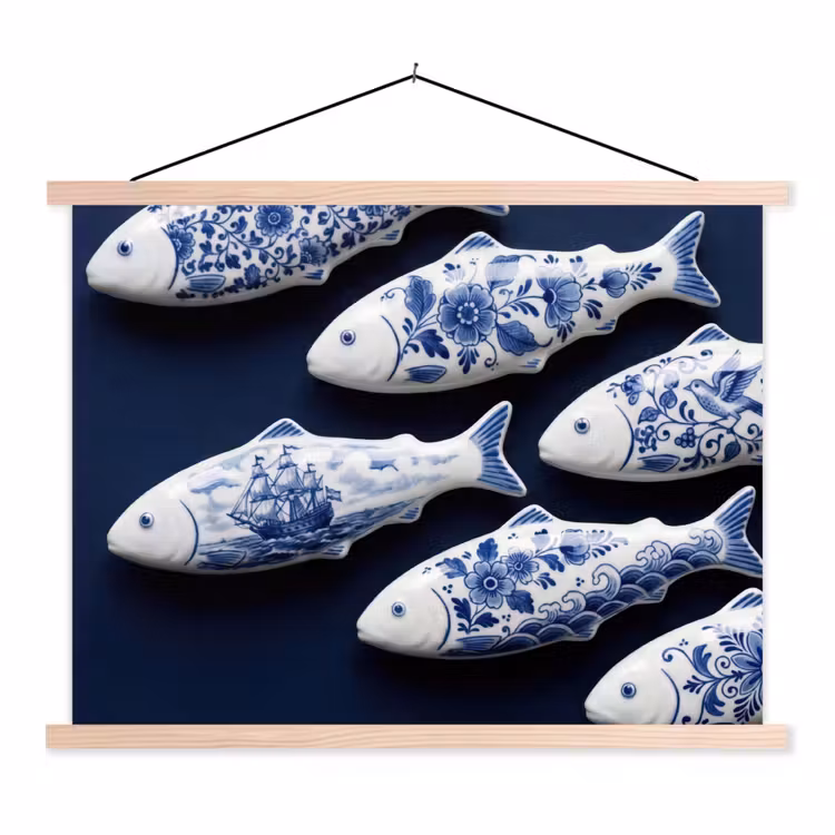 Vissen - Delfts - Blauw - Keramiek textielposter latten blank klein -3d