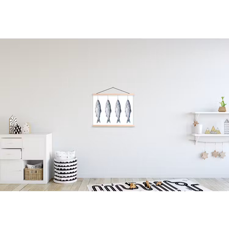 Vissen - Illustratie - Delfts - Blauw textielposter latten blank klein -kinderkamer