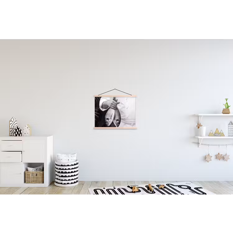 Vissen - Chef - Zwart - Wit textielposter latten blank klein -kinderkamer