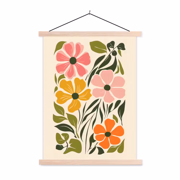 Bloemen - Speels - Kleurrijk textielposter latten blank klein -3d