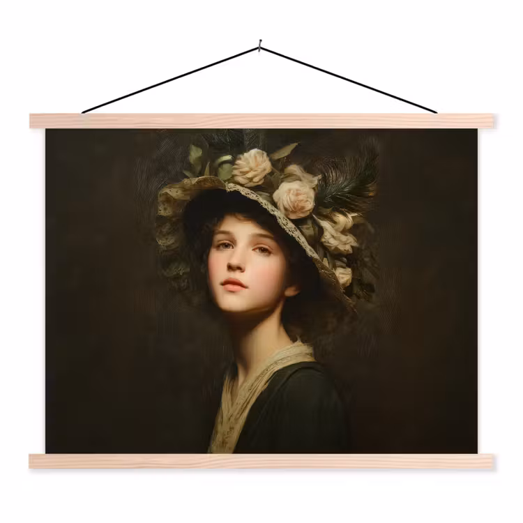 Bloemenhoed - Portret - Vrouw textielposter latten blank klein -3d