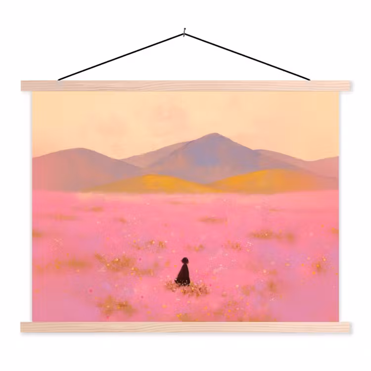 Bloemenweide - Heuvels - Silhouet - Roze textielposter latten blank klein -3d