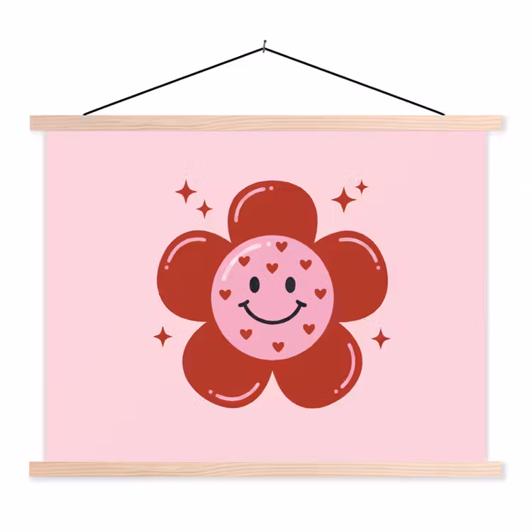 Bloem - Roze - Hartjes textielposter latten blank klein -3d
