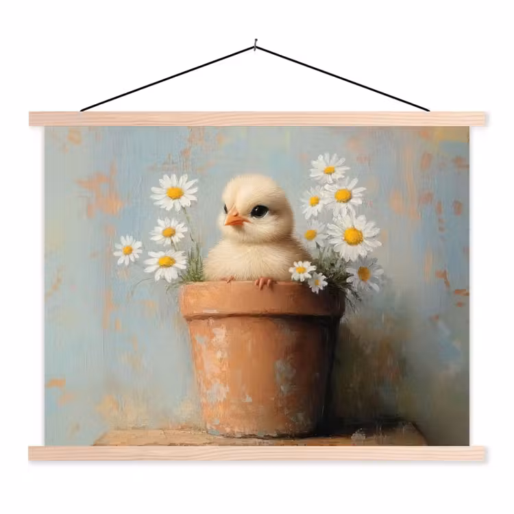 Bloempot - Kuiken - Bloemetjes textielposter latten blank klein -3d