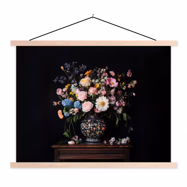 Bloemenvaas - Hout - Bloemen - Boeket textielposter latten blank klein -3d