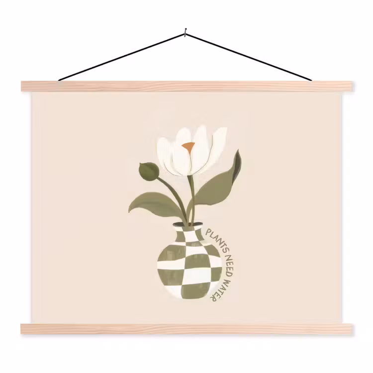 Bloem - Wit - Vaas - Quote textielposter latten blank klein -3d