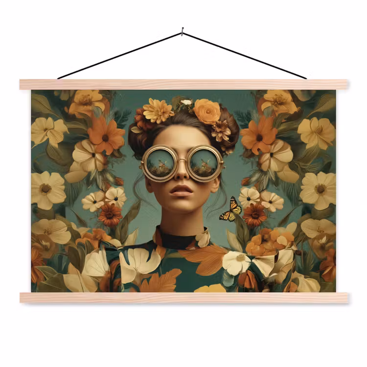 Bloemenkrans - Vrouwengezicht - Zonnebril - Oranje textielposter latten blank klein -3d