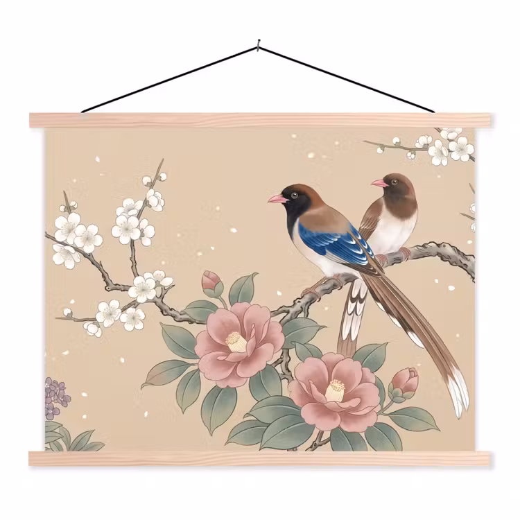 Bloemen - Vogels - Bloemen textielposter latten blank klein -3d