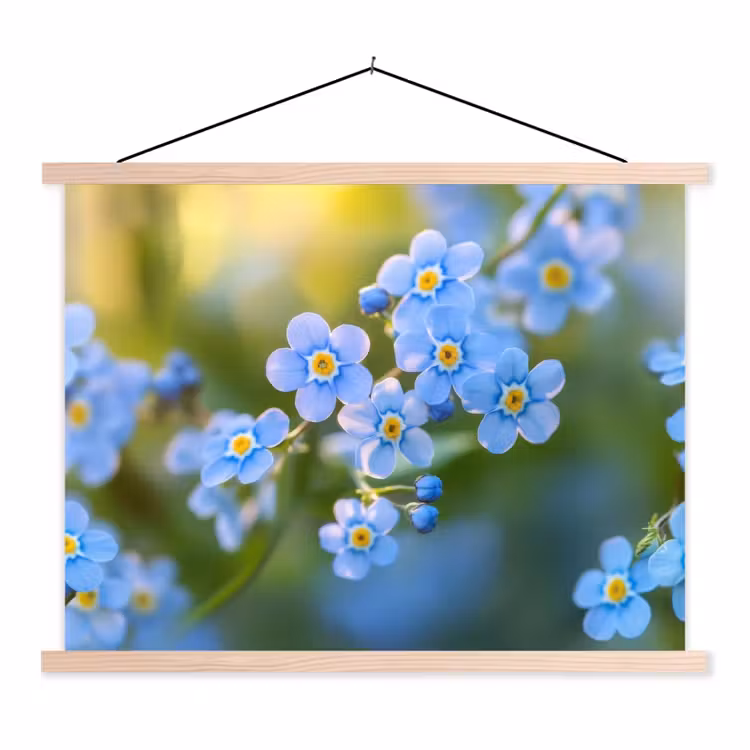 Bloemetjes - Blauw - Vergeet mij nietjes textielposter latten blank klein -3d