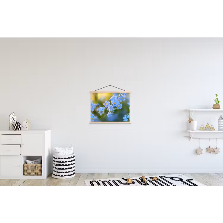 Bloemetjes - Blauw - Vergeet mij nietjes textielposter latten blank klein -kinderkamer