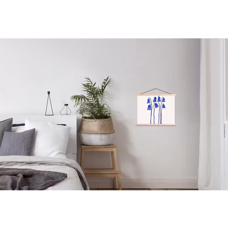 Bloemen - Blauw - Lijnen - Bloemblaadjes textielposter latten blank klein -woonkamer
